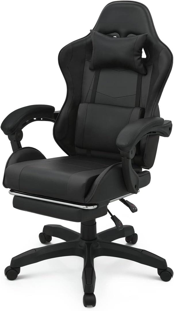 Magshion High-Back Gaming Chair with Footrest, Ergonomic Adjustable Recliner, 360 Swivel PU Leather Computer Chair with Headrest, Lumbar Support and Retractable Footrest for Home Office, Black