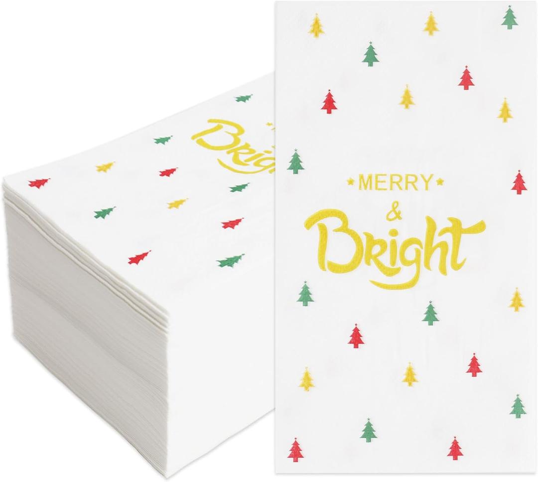 100 Pack Christmas Napkins Disposable Holiday Napkins Paper Christmas Paper Napkin Xmas Dinner Napkin Merry and Bright Guest Napkin Disposable Paper Hand Towels for Bathroom Xmas Winter Table Decor