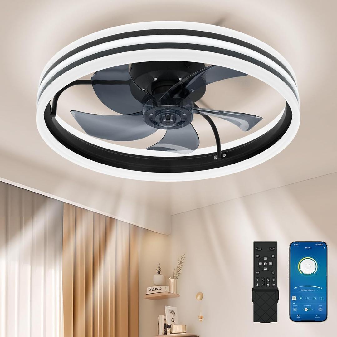 Ralbay Ceiling Fans with Lights and Remote, 20" Modern Dimmable LED Black Ceiling Fan, 6 Wind Speeds Smart Low Profile Flush Mount Ceiling Fans for Bedroom
