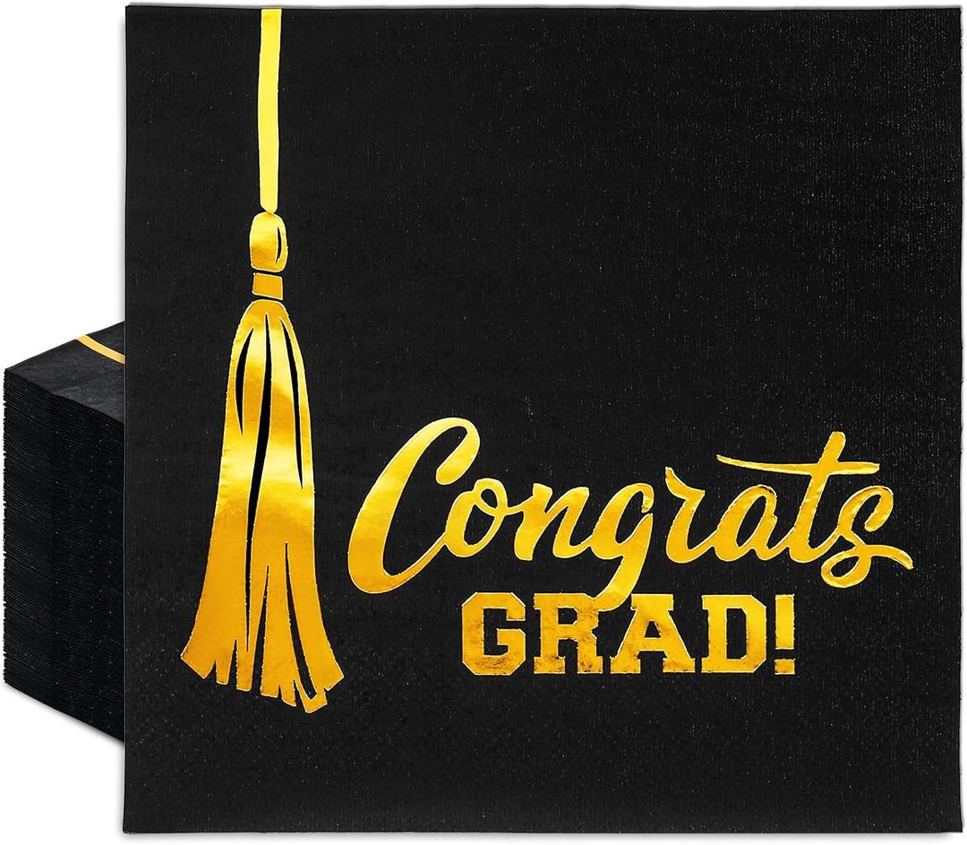2 x JarThenaAMCS 2026 Graduation Napkin Disposable Luncheon Paper Napkins 50Pcs Black Gold Foil Congrats Grad Tassel Dinner Hand Napkins for School University College Celebration Party Table Decor