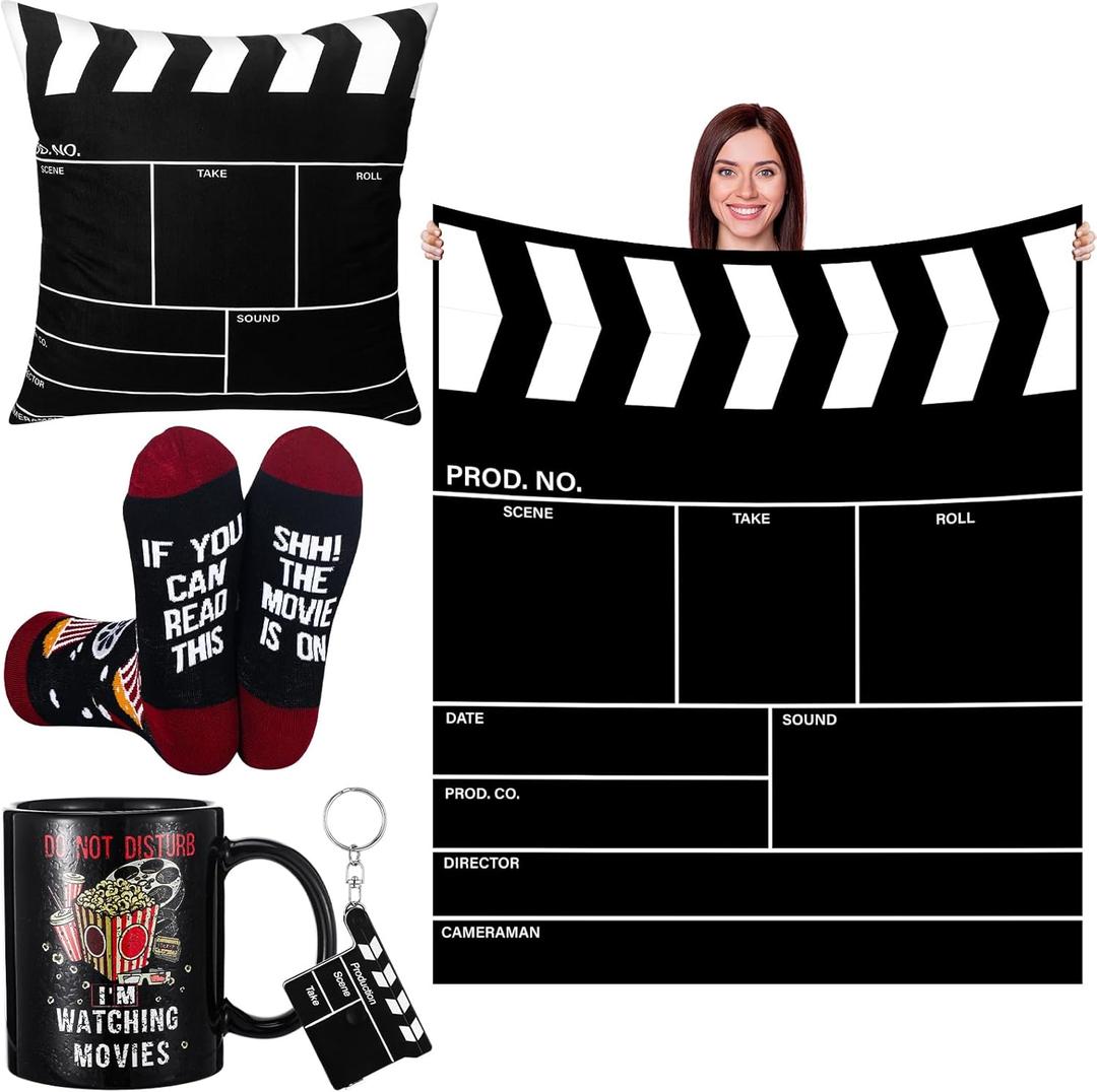 Frienda 5 Pcs Movie Gift Sets Include Throw Blanket Theater Pillow Covers TV Ceramic Mug Socks Keychains Watching Gifts for Movie Fans Lovers Men Women Actor Director Acting