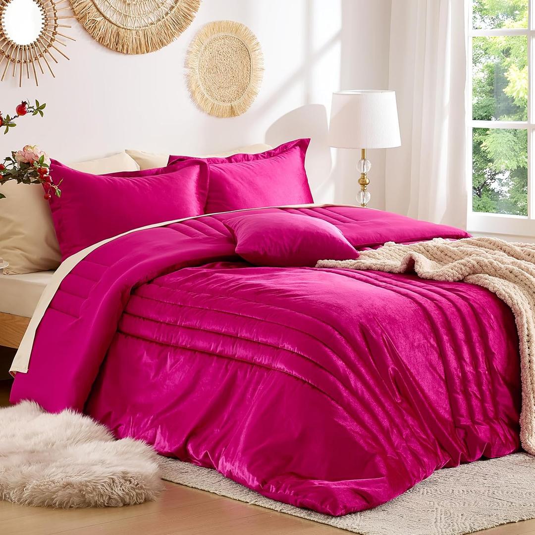 MUSSEL Hot Pink Queen Comforter Set 3 Pieces,Luxury Lightweight Fluffy All Season Cozy Velvet Bedding Comforter Sets,Neutral Striped Bedroom Comforter with 2 Shams