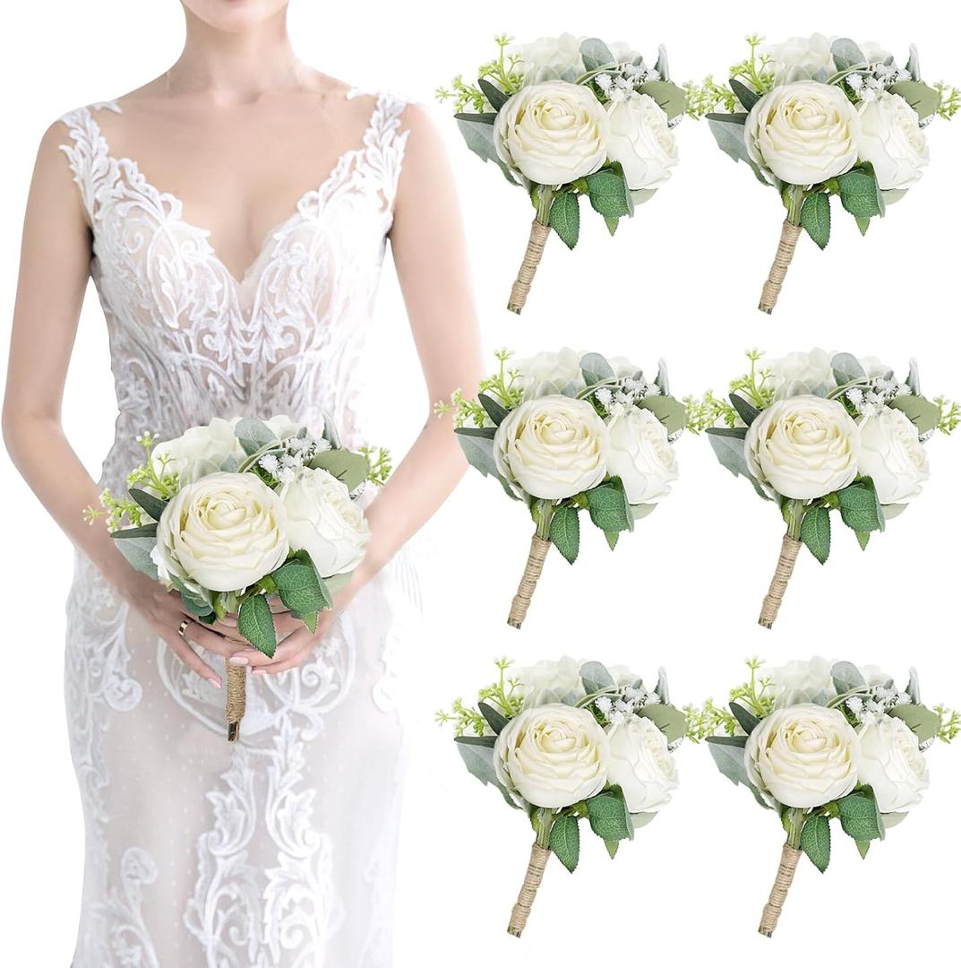 Bridesmaid Bouquets Set of 6 - Ivory White Artificial Flowers Bouquet for Bridesmaids Wedding Small Floral Centerpieces for Marriage Proposal Party Anniversary Dining Table Decor -7 Inch