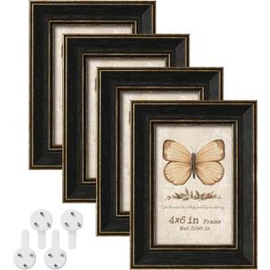 Black 4x6 Picture Frames, Rustic Distressed 4 x 6 Photo Frame Set of 4, Vintage Farmhouse Black and Gold Frame with Mat for 3.5x5, Small Matted Frame for Wall Hanging or Tabletop, Home Decor, 4 Pack