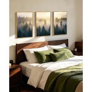 PHOPAGO Green Fog Pine Tree Framed Wall Art 16x24in Nature Misty Nordic Forests Artwork Morden Paints Bedroom Laundry Living Room Wall Decor - Natural Framed