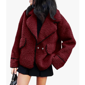 Cicy Bell Womens Sherpa Fleece Jacket Casual Collar V Neck Fuzzy Coats Contrast Trims Open Front Winter Outwear, L