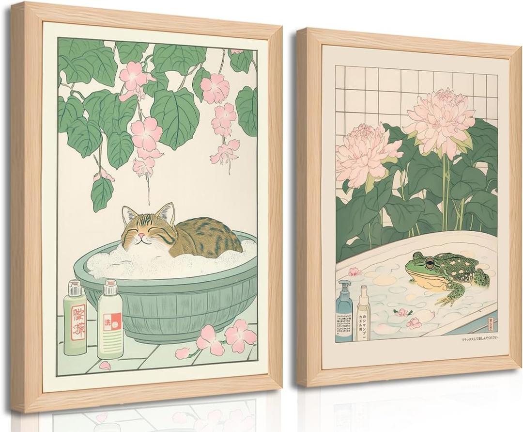 Set of 2 Japanese Bathroom Wall Art Framed Canvas with Cats & Frogs, Wooden Frame, Abstract Nature Poster Prints for Bathroom Decor, Minimalist Zen Painting Art for Home & Spa (12" W*16" H*2piece)