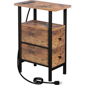 Narrow End Table Living Room with Charging Station, Skinny Side Table with Fabric Drawers, Slim Nightstand for Bedroom, Small Spaces, Couch, Rustic Brown, HETNDP02PBR-1