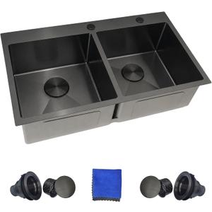 33x22 Black Drop In Kitchen Sink, Delironexu Double Bowl Kitchen Sinks, 33x22x9 Topmount Double Bowl