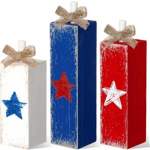 3 Pcs Patriotic Decorations 4th of July Table Decor Red White Blue Decorations Memorial Day Wood Block Sign and Centerpiece for Home Office Independence Day Tiered Tray Decor(Stylish Style)
