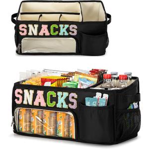 Fasrom Large Snack Organizer for Countertop, Chenille Letter Snack Basket Organizer with 6 Compartments, Pantry Storage Bin with Handles, Food Container Snack Box for Chips, Candy, and Snacks, Black
