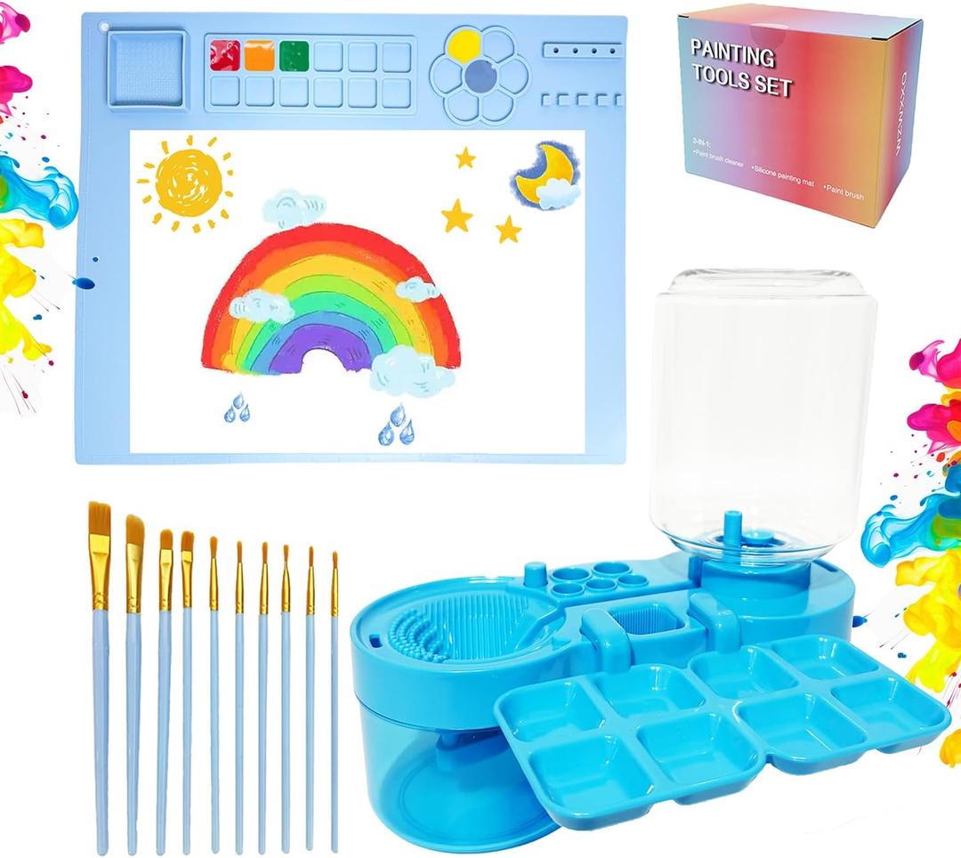 Painting Station, Paint Brush Cleaner (Upgraded) and Silicone Painting Mat 20"X16" with 10 Paint Brushes, Leak Proof Paint Brush Rinser, Gift for Adults Artist Beginners (Blue)