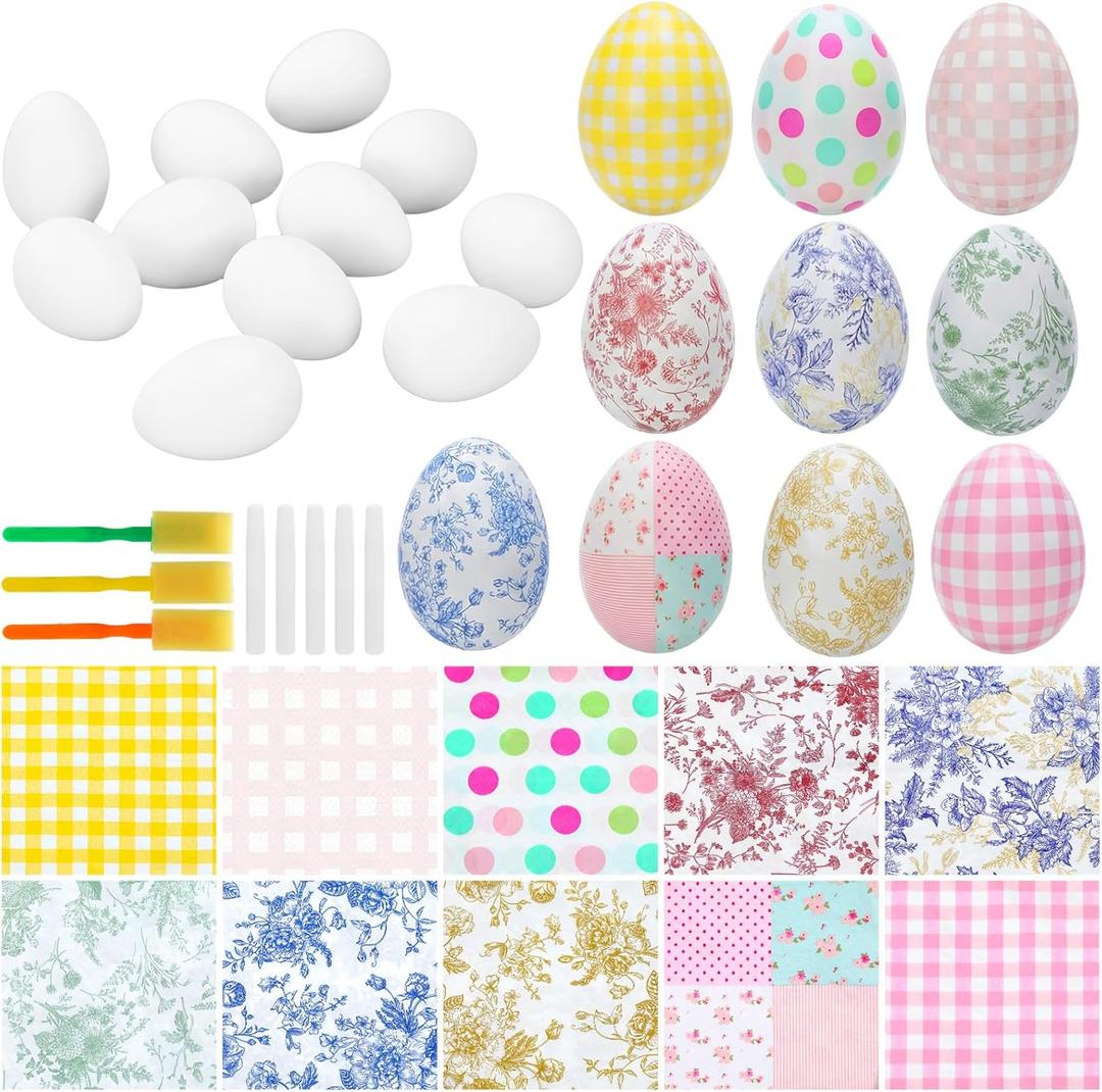 Gemscream 82 Pcs DIY Easter Unfinished Egg Decoupage Craft Include 24 White Eggs 50 Decoupage Napkins 5 Glues 3 Sponge Brushes Easter Decorations Party Favors for Craft Activities Family Party