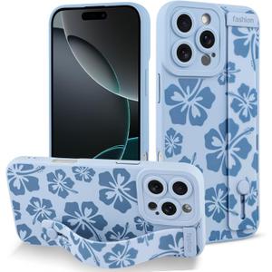 Fiyart Designed for iPhone 16 Pro Max Case Cute Flowers with Strap Soft TPU Phone Cover Protective Camera Lens Protection for Women Men Floral Bumper with Stand 6.9"-Blue