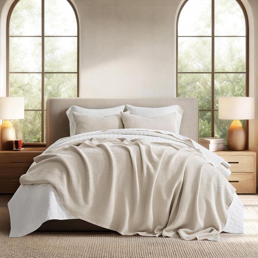 EverGrace 100% Cotton Waffle Bed Blanket King Size, Soft Premium Cotton Coverlet Set with 2 Matching Shams, Lightweight All Season Bedding Set, Oversized Bedspread 108x96, Birch