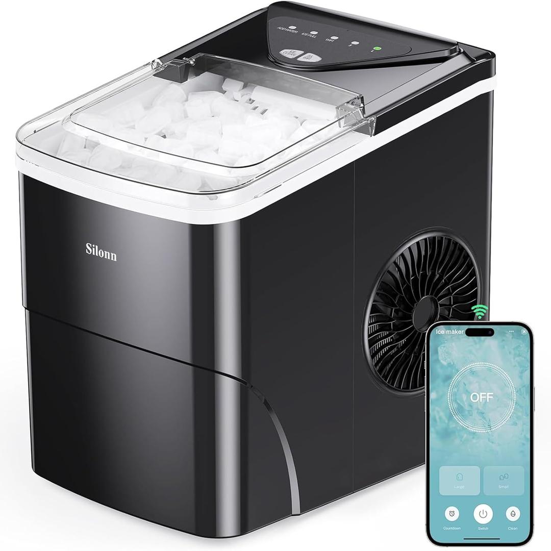 Silonn Smart Countertop Ice Maker, Compact Wi-Fi Ice Maker with App Control, 9 Cubes in 6 Mins, 26 lbs per Day, 2 Ice Cube Sizes, Portable Ice Maker with Self-Cleaning for Kitchen/Office/RV, Black-APP Silonn Smart Countertop Ice Maker, Compact Wi-Fi Ice Maker with App Control, 9 Cubes in 6 Mins, 26 lbs per Day, 2 Ice Cube Sizes, Portable Ice Maker with Self-Cleaning for Kitchen/Office/RV, Black-APP