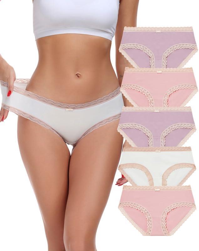 ANLIQI Cotton Underwear for Women Soft Lace Trim Hipster Panties Low Rise Bikini Undies Multipack (Small, 5-pack B-purple/White/Pink)