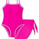 WIQI Girls Swimsuit One Piece Bathing Suits Cute Color Contrast Trim Teen Girls' Swimwear with Cover Up Skirt Swimsuits Size 12-14 Hot Pink