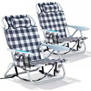 2 Pack Lightweight Portable Camping Beach Chair for Adults, Outdoor Lay Flat Folding Beach Chairs with 5 Positions, Backpack Beach Chair with Towel Bar, Zipper Pouch, Cup Holder, Plaid