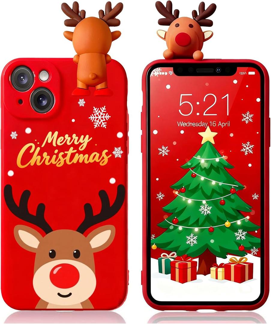 Esakycn for iPhone 13 Christmas Case, Phone Case Silicone Red 3D Doll Toy Xmas with Design for Girls Women Present Slim Shockproof Soft Cute Cover Skin for iPhone 13 6.1". Deer