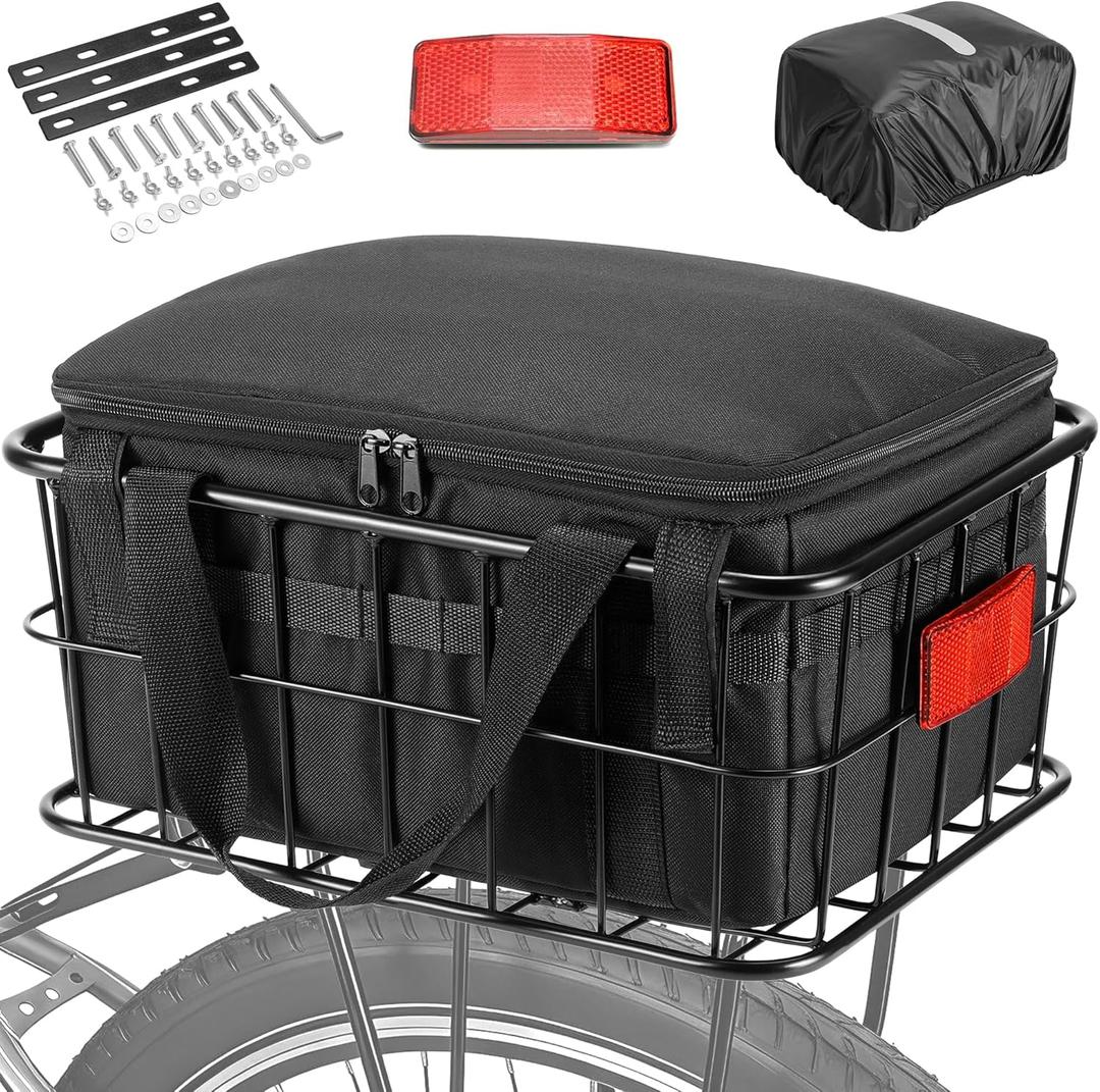 CDYWD Bike Basket Rear for Men Women, Large Bicycle Rack Basket for Adult Bikes with Removable Liner Bag & Waterproof Cover, Heavy Metal Back Cargo Basket for Ebike, Mountain Bike, City Bike, Cruiser