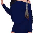Women's Off The Shoulder Batwing Long Lantern Sleeve Draped Bodycon Mini Dress Sexy Ruched Party Dresses for Date Night-Dark Blue-XL