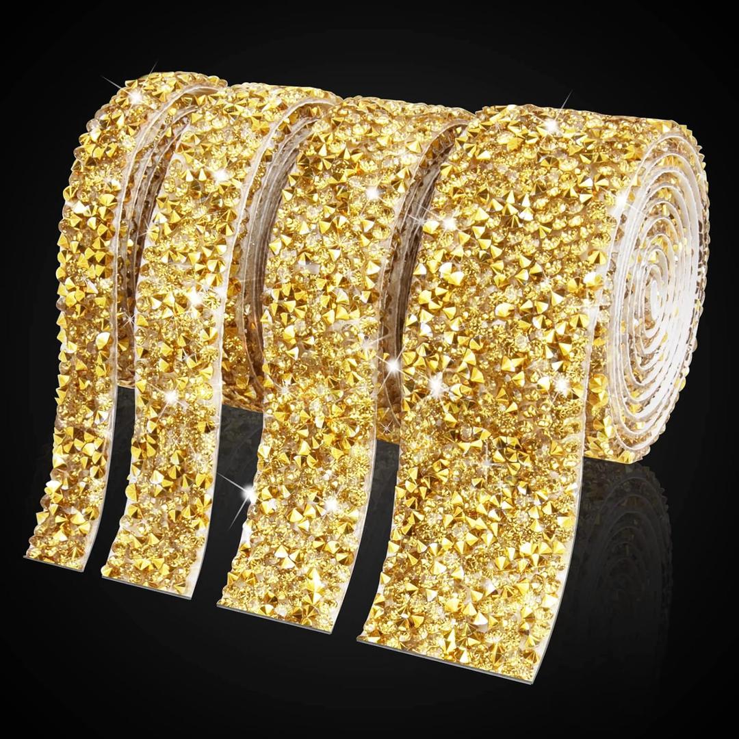 4 Rolls Gold Rhinestone Ribbon - Self Adhesive Crystal Bling Ribbon, Gold Rhinestones for Crafts, Diamond Roll Gold Bling Wrap Rhinestone Tape for Clothes, Cake, Phone, Birthday, Wedding Decor, DIY