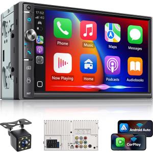 Double Din Car Stereo with 7" HD Touchscreen, Wireless Apple Carplay & Android Auto, Bluetooth, 240W, SWC, Subwoofer Output, Mirror Link, FM/AM Car Radio Receiver, Backup Camera