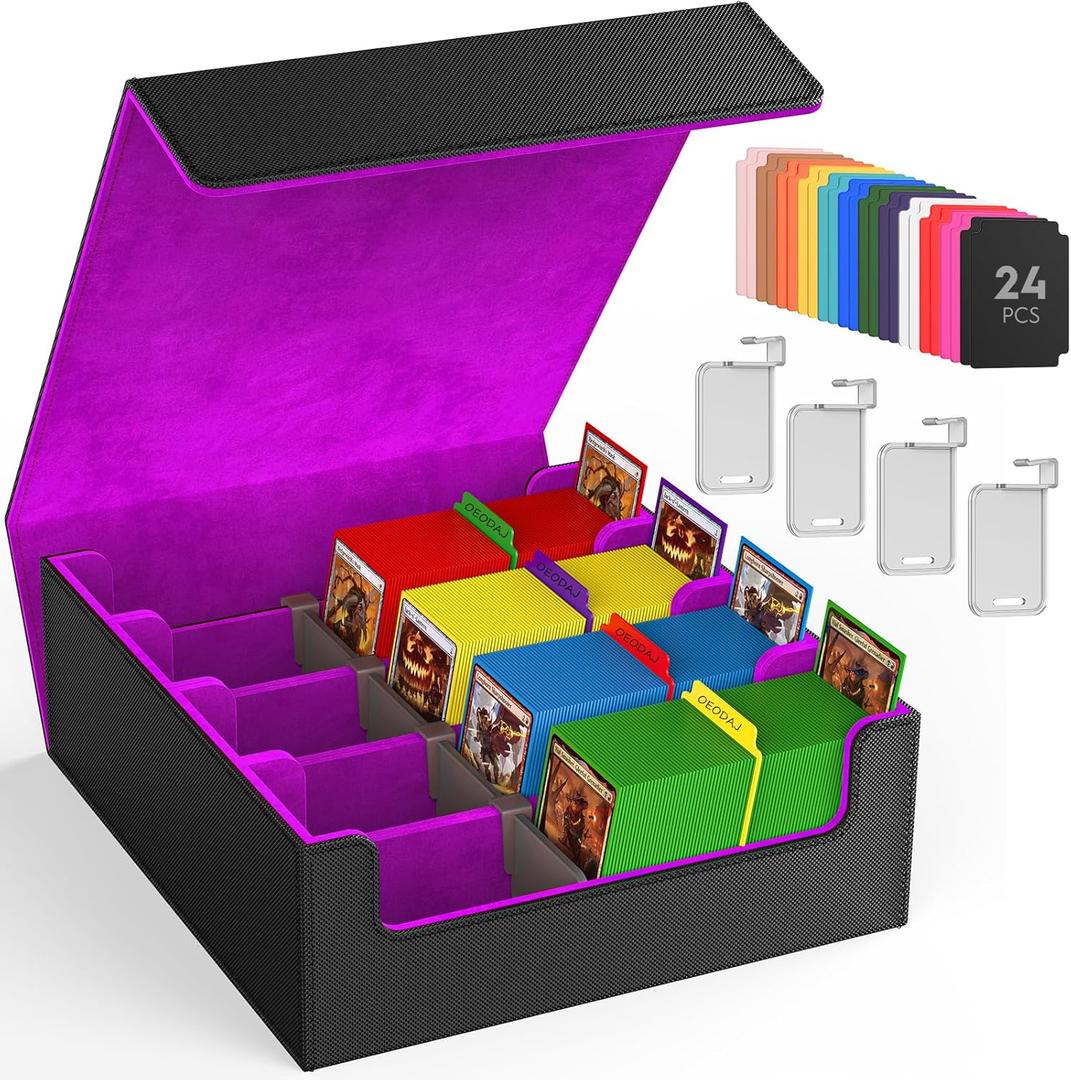 Trading Card Storage Box, 3200+ MTG Card Storage, 4 Row TCG Card Organizer Box with 24 Colorful Dividers and 4 Stands, PKM Bulk Storage, Deck Case Holder Fits for YuGiOh, Game Cards (Black Purple)