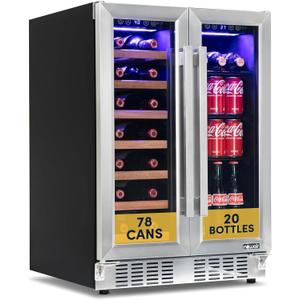 NewAir 24" Dual Zone Beverage Refrigerator & Wine Cooler for 20 Bottles & 78 Cans | Freestanding or Built-In Under Counter Mini Fridge for Beer, Wine and Soda | Stainless Steel
