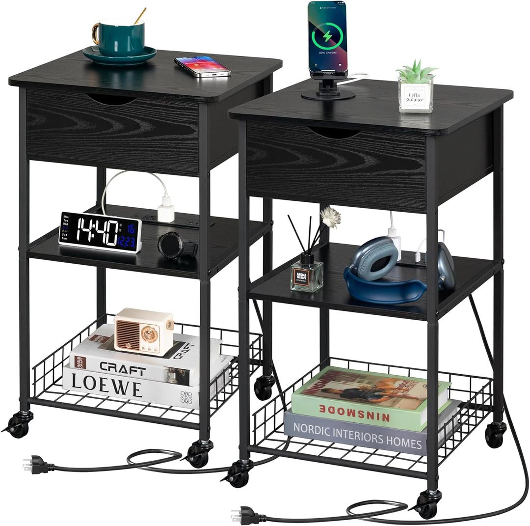 Night Stands for Bedrooms Set of 2, Nightstand with Charging Station, End Tables, Bedside Table, Side Table, for Living Room, Bedroom, Night Stand with Drawer, Kids Nightstand,Black