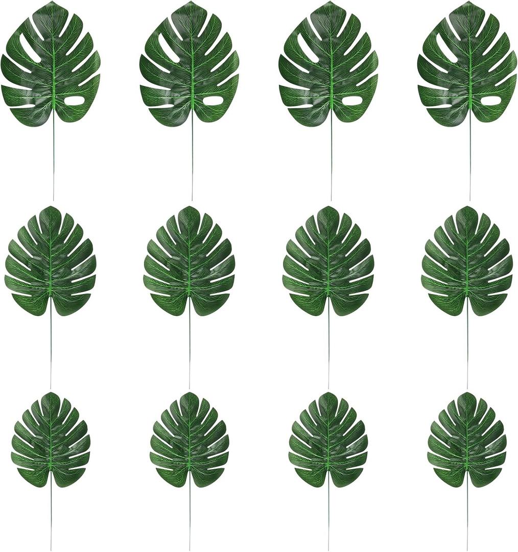 CCINEE 24PCS Green Artificial Palm Leaves, Faux Monstera Leaves Simulation Safari Leaves with Stems for Home Hawaiian Luau Party Jungle Beach Theme Party Decoration