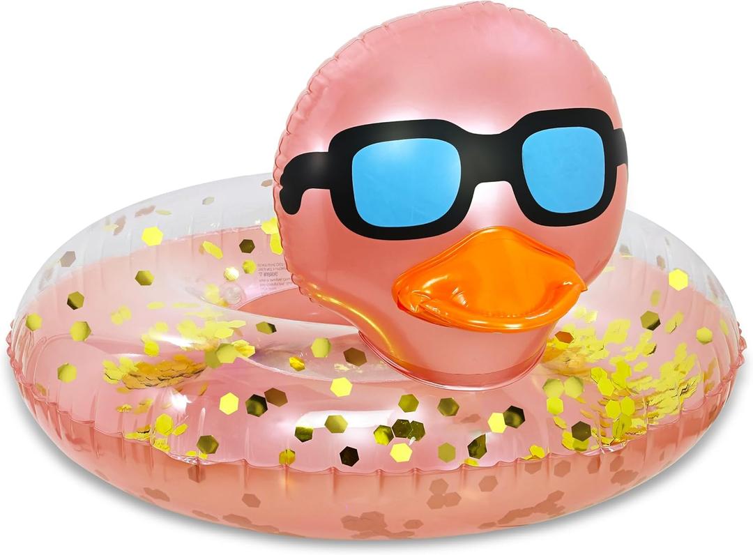 POZA Inflatable Duck Pool Float Tube- Heavy Duty Vinyl UV Resistant Confetti Pool Duck Floatie, Animal Pool Float Swim Ring Pool Inflatables for Kids and Adults for Beach, Party, Vacation (Rose Gold)