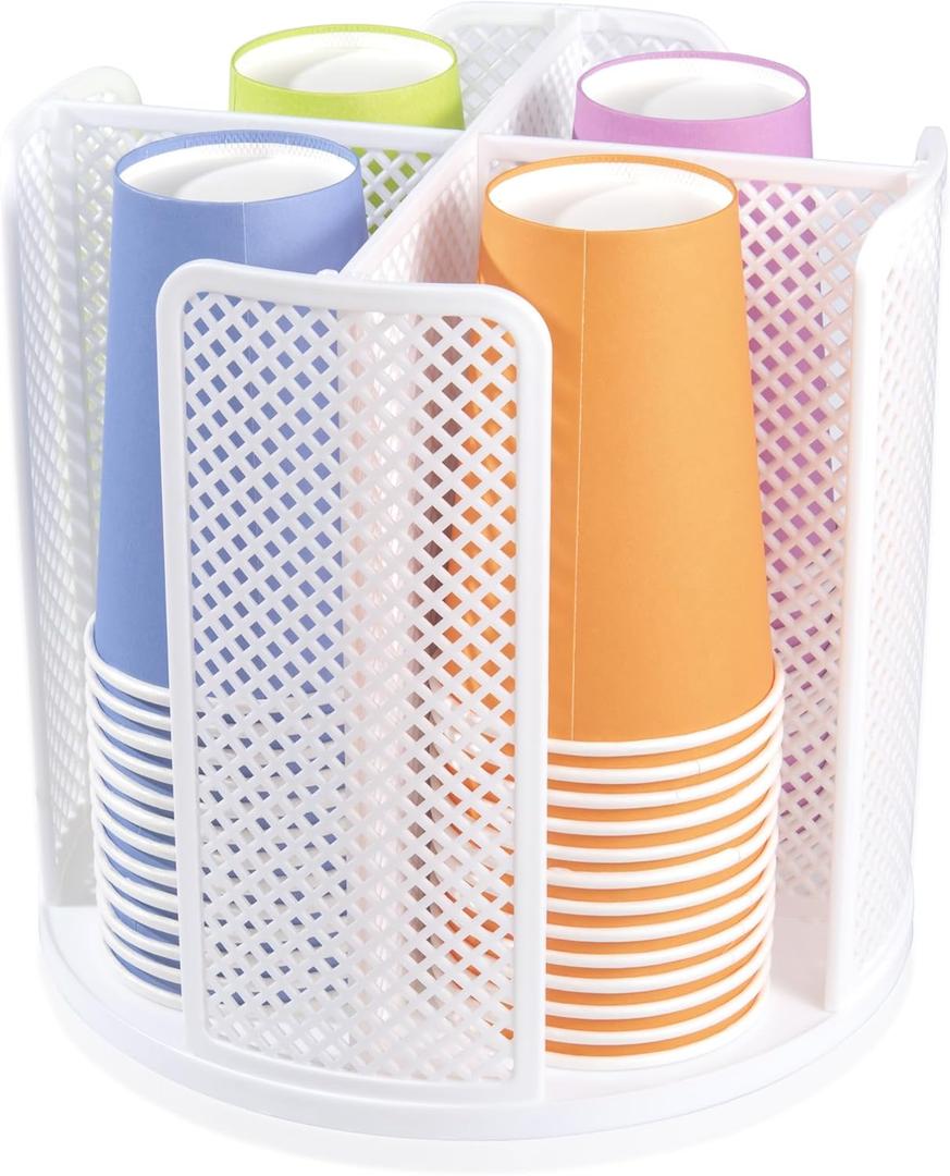 Rotating Paper Cup Dispenser with 4 Compartments, Disposable Coffee Cup Storage & Lid Holder for Countertops, Kitchen, Coffee Stations (White) (3-16oz Cups Rack)