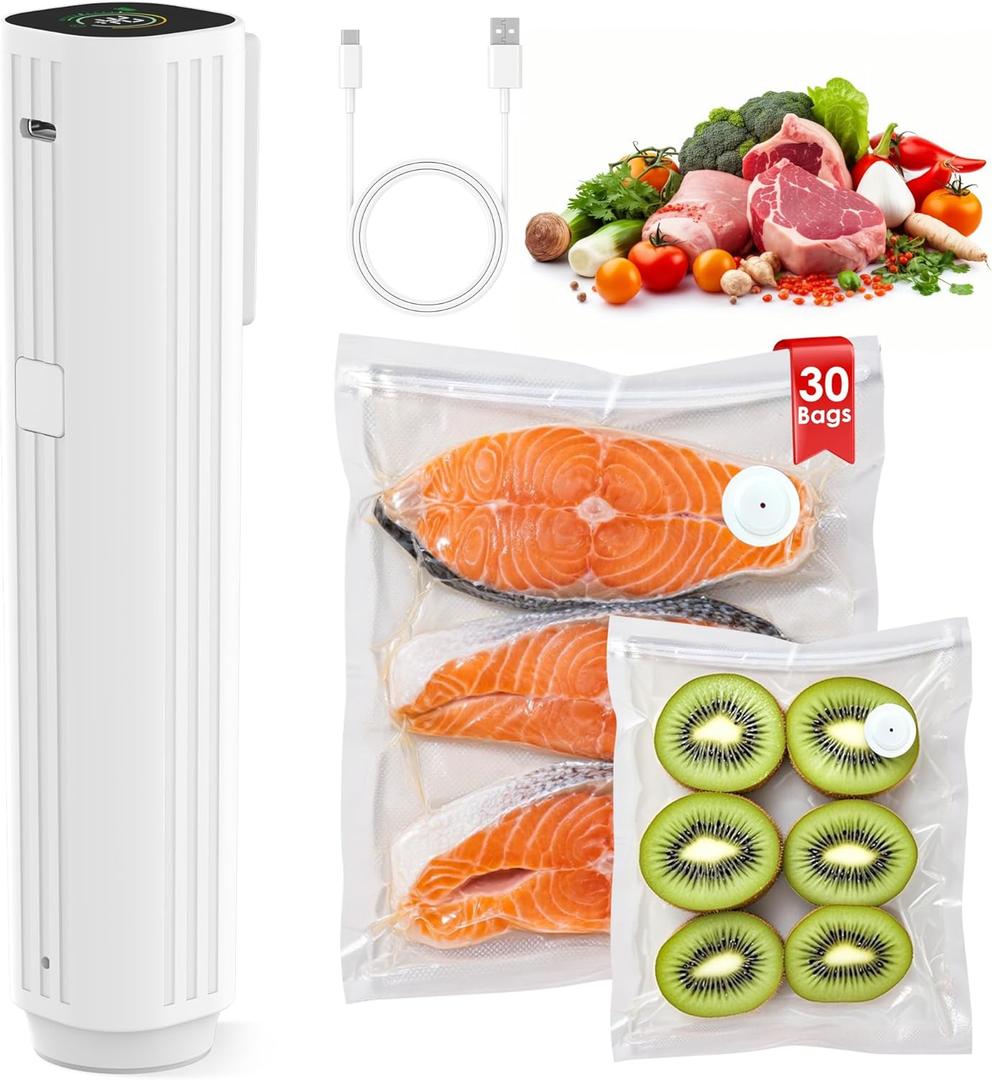 Compact Vacuum Sealer for Food (Contains 30 Reusable Seal Bags) Featuring LED Pressure Display, Ultimate Suction Power, Handheld Vacuum Sealer Machine, Portable Food Sealer