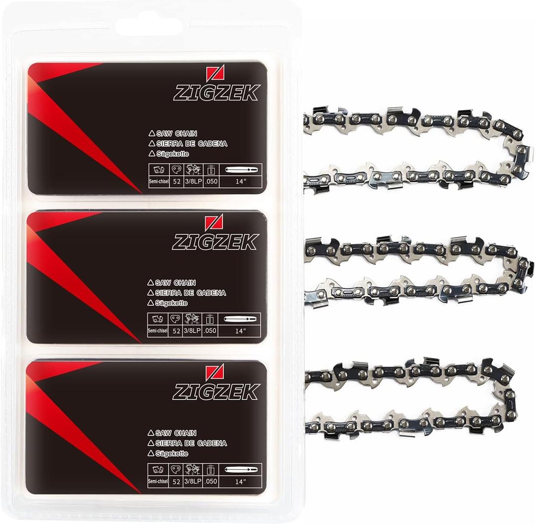 ZIGZEK 3-Pack 14 Inch Chainsaw Chain 52 Drive Links, 3/ 8" Low Profile Pitch, 050" Gauge Low Kickback Chainsaw Chain Compatible with Craftsman, Ryobi, Homelite, Poulan, Dewalt and More（3 Packs 14-inch）
