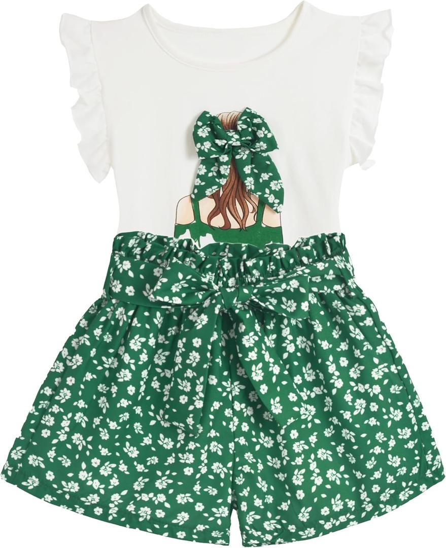Toddler Girl Clothes 2 Piece Girls Outfits Set Print Bow Top and Belted Ditsy Floral Shorts for Spring Summer (S)