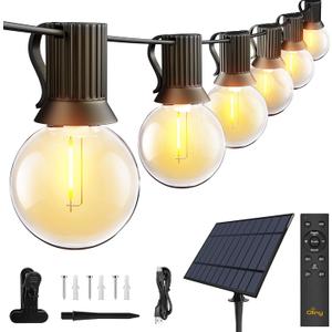 Ollny 60FT Solar Lights Outdoor, Waterproof Remote Control Dimmable Timers 3Modes String Light with 25 LED + 2 Spare Shatterproof Bulb, G40 Patio Lights for Outside Garden Yard Fence Porch