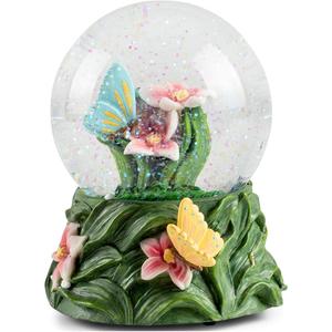 Elanze Designs Butterflies on Lilies Flower Garden Leaves Grass Perching Tabletop Figurine 100MM Sturdy Glitter Water Snow Globe Plays Tune English Country Garden