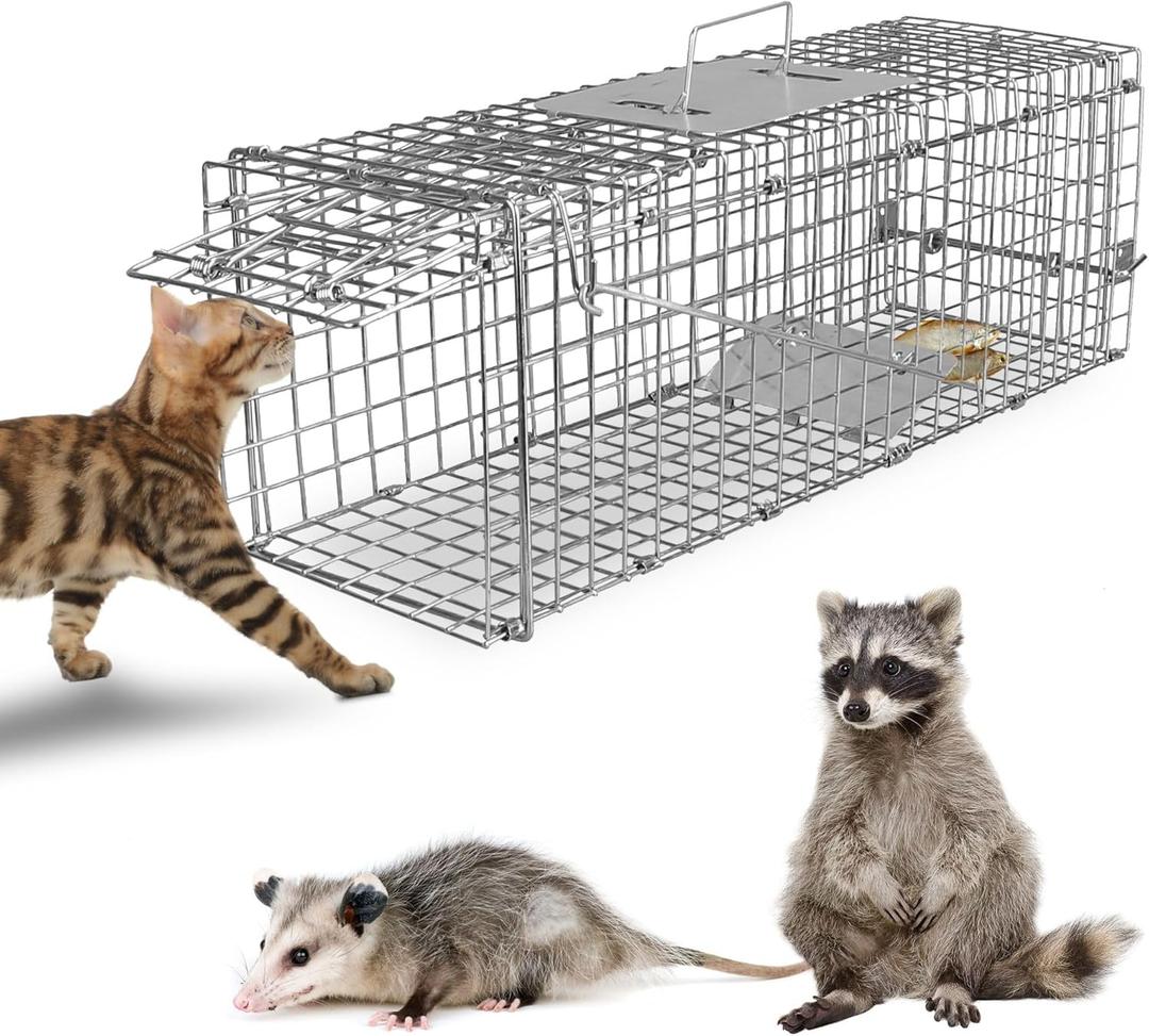 Humane Animal Cage Trap - Collapsible Galvanized Steel Live Cage Trap for Raccoons, Groundhogs & Stray Cats, 24"x8"x7", Indoor/Outdoor Use (Catch & Release)