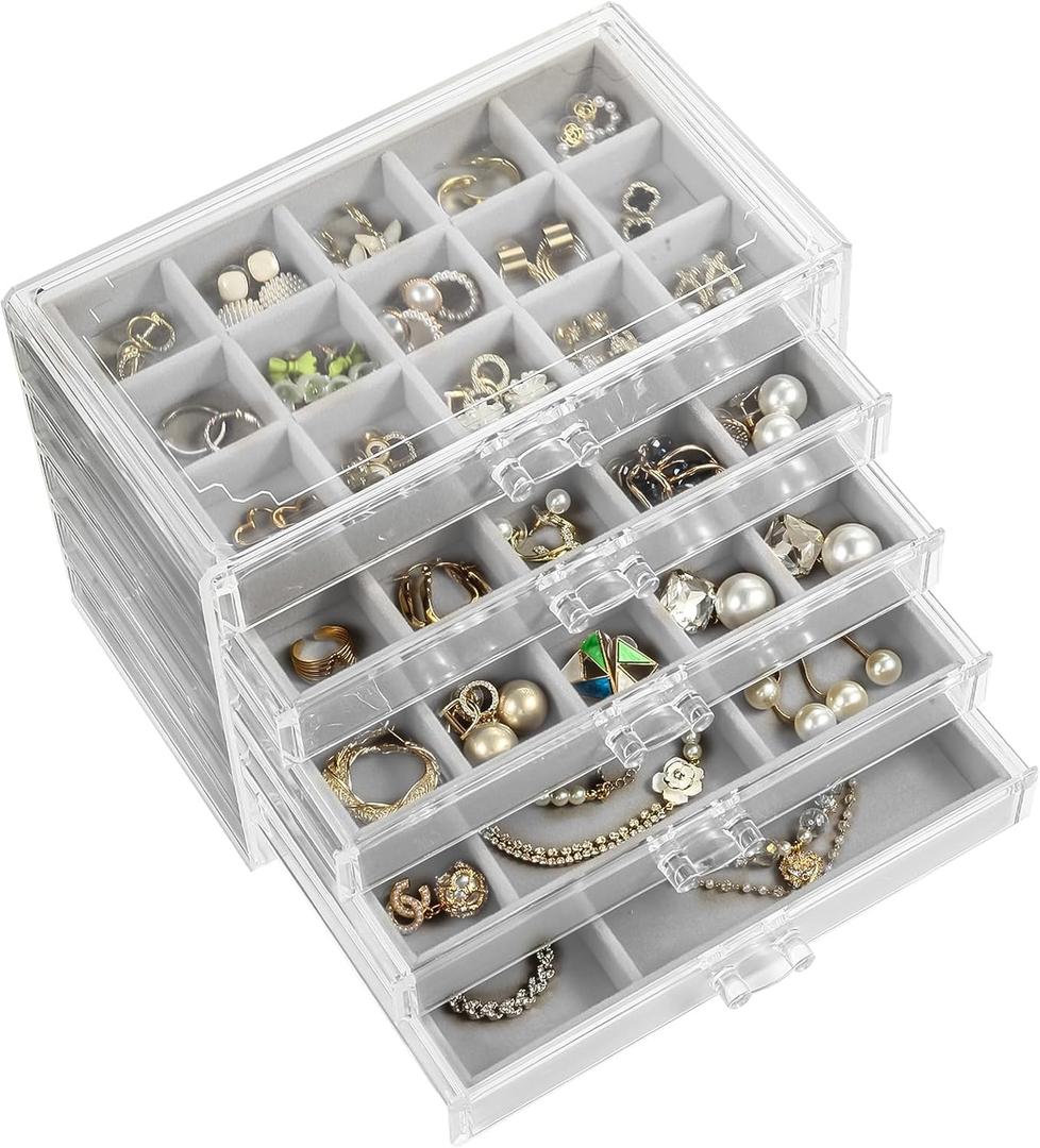 5 Drawers Clear Jewelry Box for Women and Girls, Acrylic Earring Holder Organizer Ring Holder Display Storage, Gray