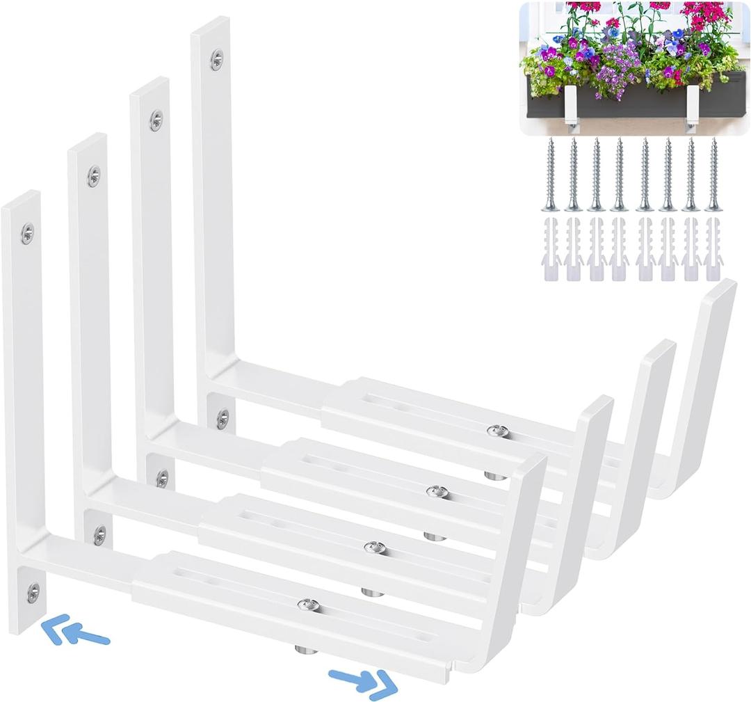 HFHOME 4 PCS Adjustable Planter Box Brackets (6 to 12.5 in), Universal Window Box Brackets, Heavy Duty Metal Flower Box Wall Mounting Hooks for Balcony, Fences, Patio, and Garden - White