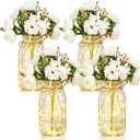 4 Sets Mason Jar with Lights White Faux Peony Decorative White Centerpieces for Tables Mason Jars Flowers Decorations LED Farmhouse Vase for Home Wedding Event Party Decor