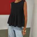 Megfie Womens Summer Pleated Peplum Blouse Tank Tops Y2K Babydoll Tops (Black, M)