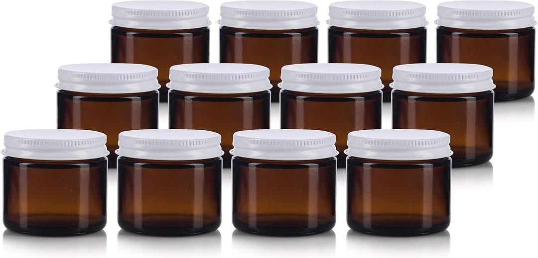 (12 pack) 2 oz / 60 ml Amber Thick Glass Straight Sided Jar with White Metal Airtight Lid