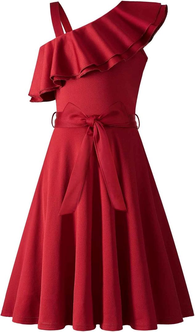 Arshiner Girls Dress One Shoulder Formal Ruffle Trim Birthday Party Dresses with Belted Pockets for 5-12 Years (7-8 Years, Red)