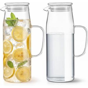 Hsei 2 Sets Glass Pitcher with Lid, 67.6 oz / 2000 ml Water Carafe with Handles Hot Cold Beverage Water Jar Glass Jug for Tea Juice Milk Coffee Iced Beverage (Glass Lid)