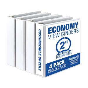 Samsill 2 Inch 3 Ring Binders, Economy Round Ring, Clear View Cover, 425 Sheet Capacity - for School, Home, Office - White, 4 Pack