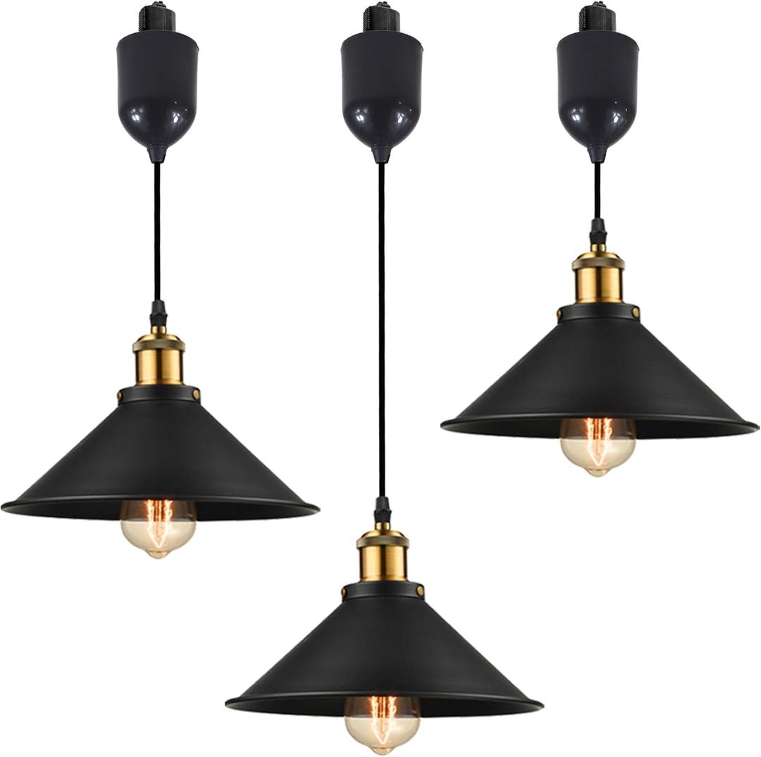 Adjustable Height H Type Track Lighting Pendants 4 Ft Industrial Style Black Metal Instant on Auto Retractable Track Mount Pendant Light Decorate for Kitchen Island Customizable