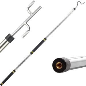 Clothes Hook Pole for Closet,32 to 80In Truck Cargo Recovery Bar Long Handle with 2 Hooks Hanging Birdfeeder and Wind Chime Stainless Steel Tube for Home Outdoor Decorate (Black Yellow)